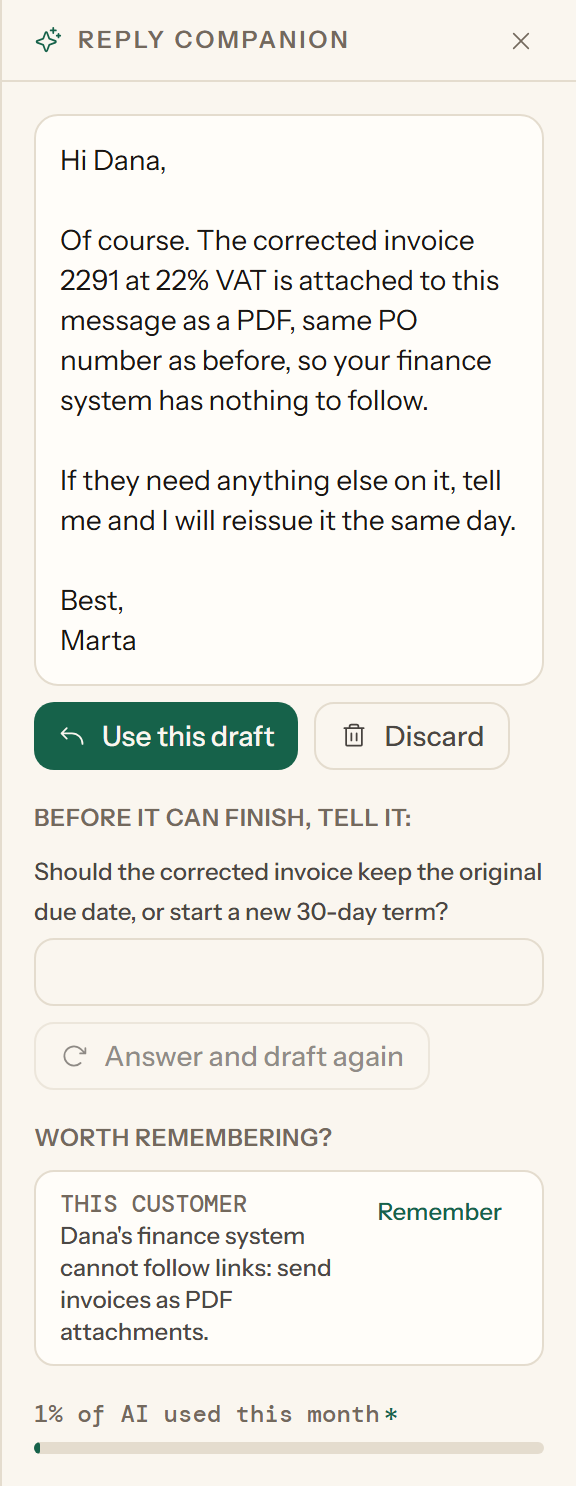 The reply companion panel: a drafted reply to Dana with Use this draft and Discard, a question it needs answered before it can finish, and a Worth remembering? card proposing a fact about this customer.