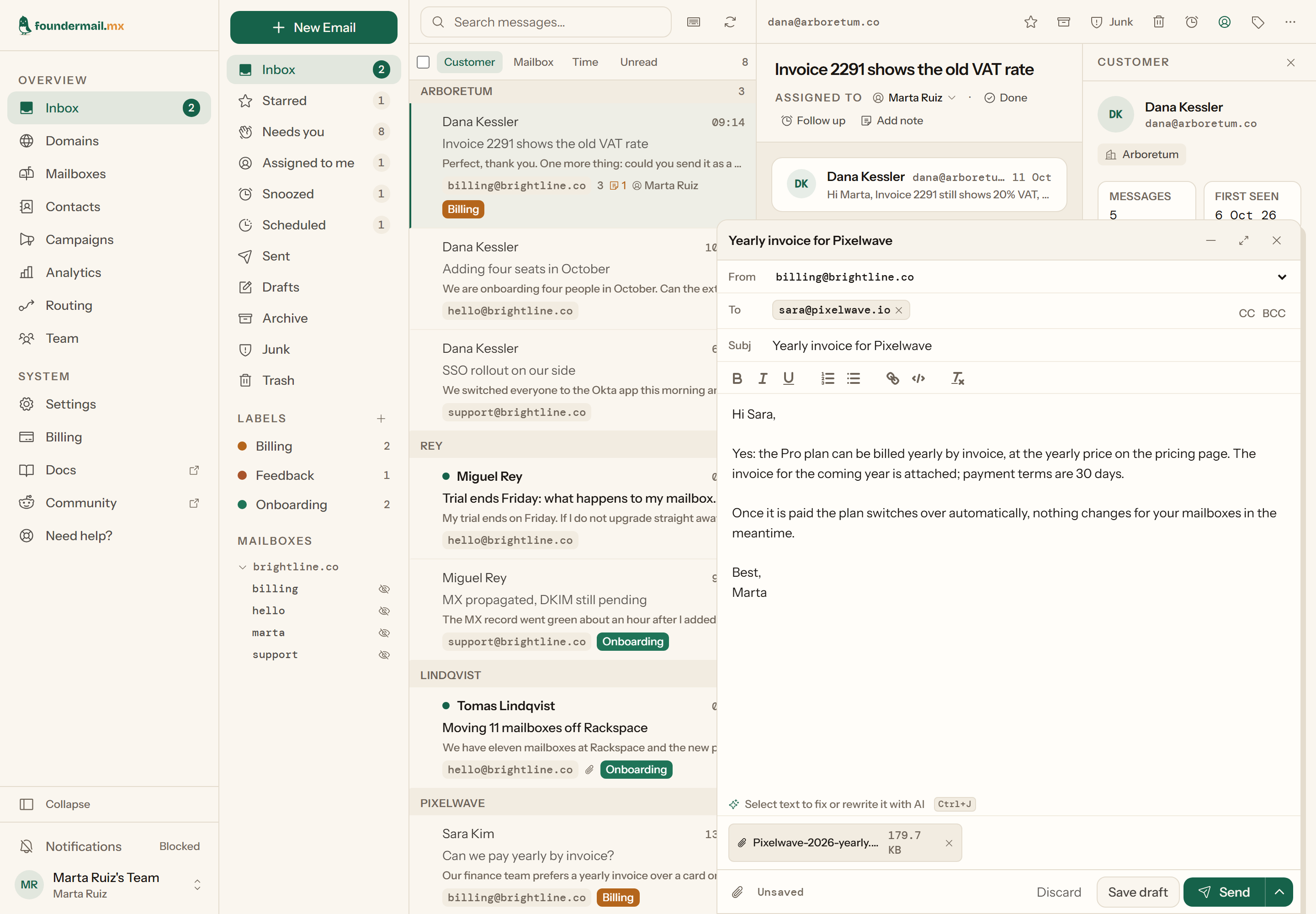 The compose window floating over the inbox: a From menu listing the account's mailboxes, a recipient chip, a subject, a rich-text body, a PDF attachment and the Send button with its send-later arrow.
